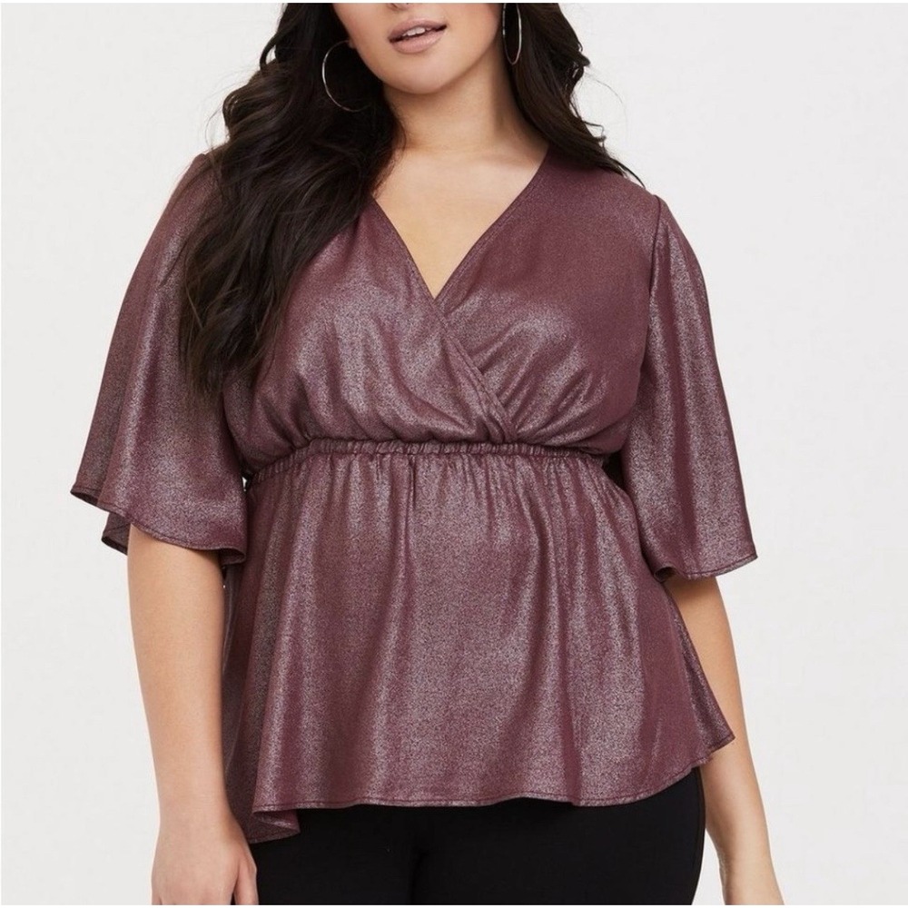 Torrid Women's 3 3X Top Babydoll Surplice Metallic Flutter Sleeve‎ Burgundy Wine